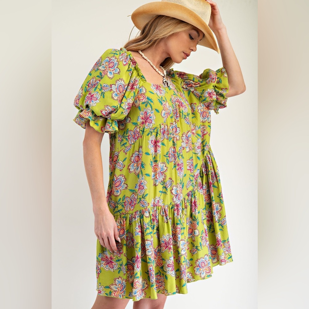 #95 FIRM 🌸New! Easel Floral Puff Sleeve Babydoll Dress - Picture 1 of 4